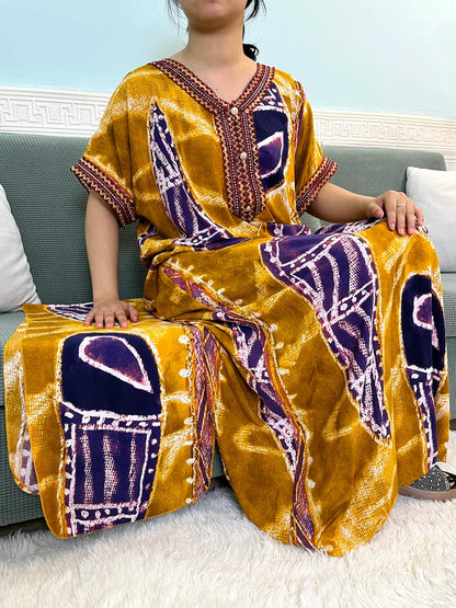 Printed Cotton V-Neck Abayas with Appliques & Pockets - Loose Fit Dress & Headscarf for Women - B&R African Styles