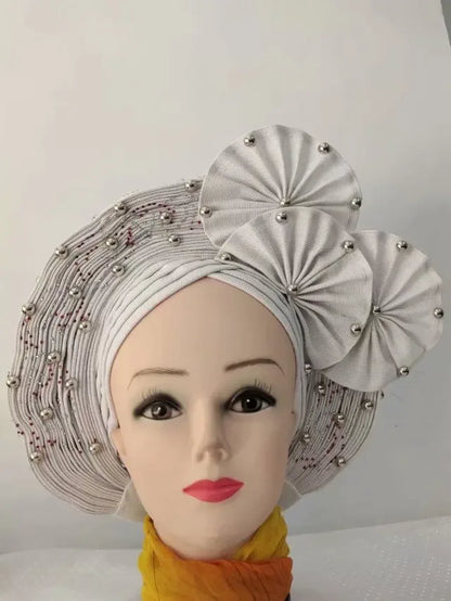 Head Wrap African Aso Oke Gele Headtie Auto Gele With Beads For Wedding Party - B&R African Styles