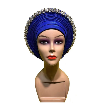 Blue African Hijab Caps with Diamonds Aso Oke Gele Headtie - B&R African Styles
