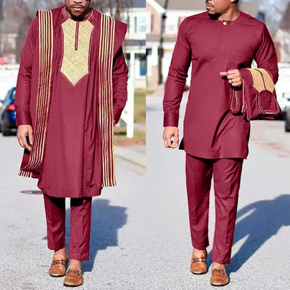 3Pcs African Agbada Suit For Men Embroidered Coat Shirt Pants - B&R African Styles