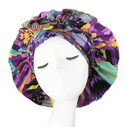 African Print Satin Bonnet with Long Ribbon Wrap Double Layer Headwrap Ankara Pattern Women Hair Cover Hair Wrap Cap - B&R African Styles