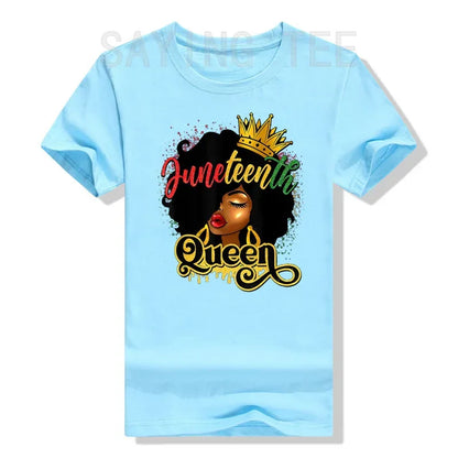 Juneteenth Queen: Afro Natural Hair Graphic Tee Celebrating Black Girl Magic & Family Unity - B&R African Styles