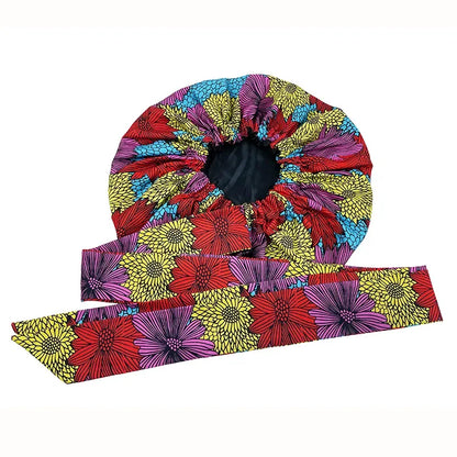 African Print Satin Bonnet with Long Ribbon Wrap Double Layer Headwrap Ankara Pattern Women Hair Cover Hair Wrap Cap - B&R African Styles