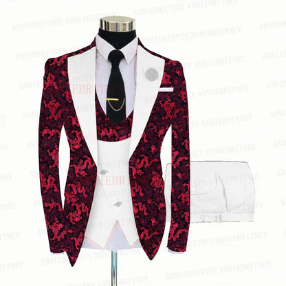 Red Floral Print Men's Suit 3 Pieces Slim fit Suit Jacket For Wedding, Special Events - B&R African Styles