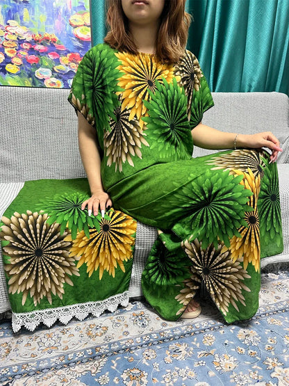 Floral Cotton Abaya for Women with Short Sleeves and Matching Scarf - B&R African Styles