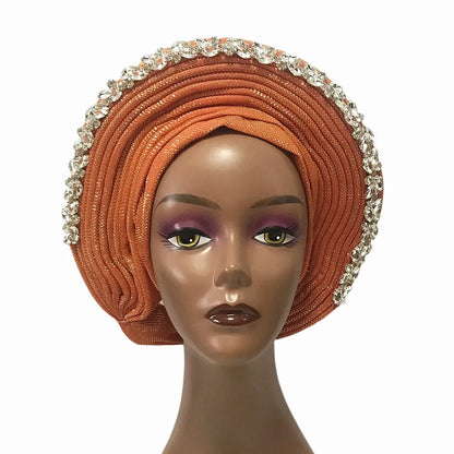 Blue African Hijab Caps with Diamonds Aso Oke Gele Headtie - B&R African Styles