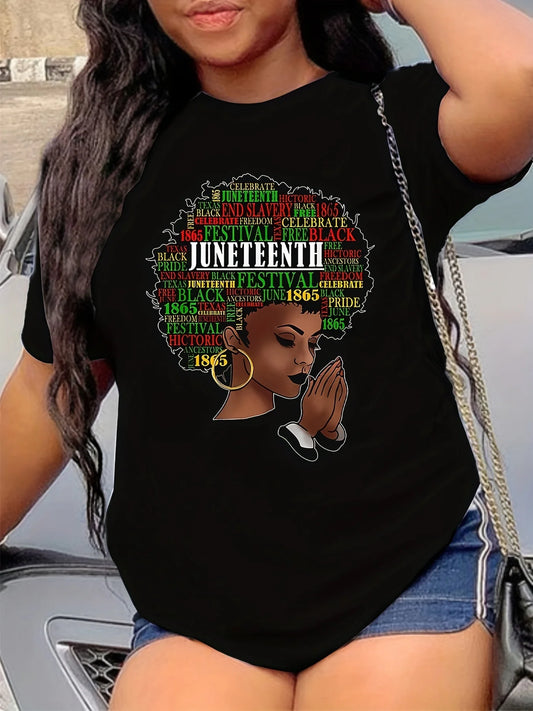 Summer & Spring Women's Casual Top: Juneteenth Short Sleeve Crew Neck Print Tee