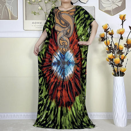 Women's African Dress with Diamonds & Matching Scarf – Cotton Short Sleeve Kaftan - B&R African Styles
