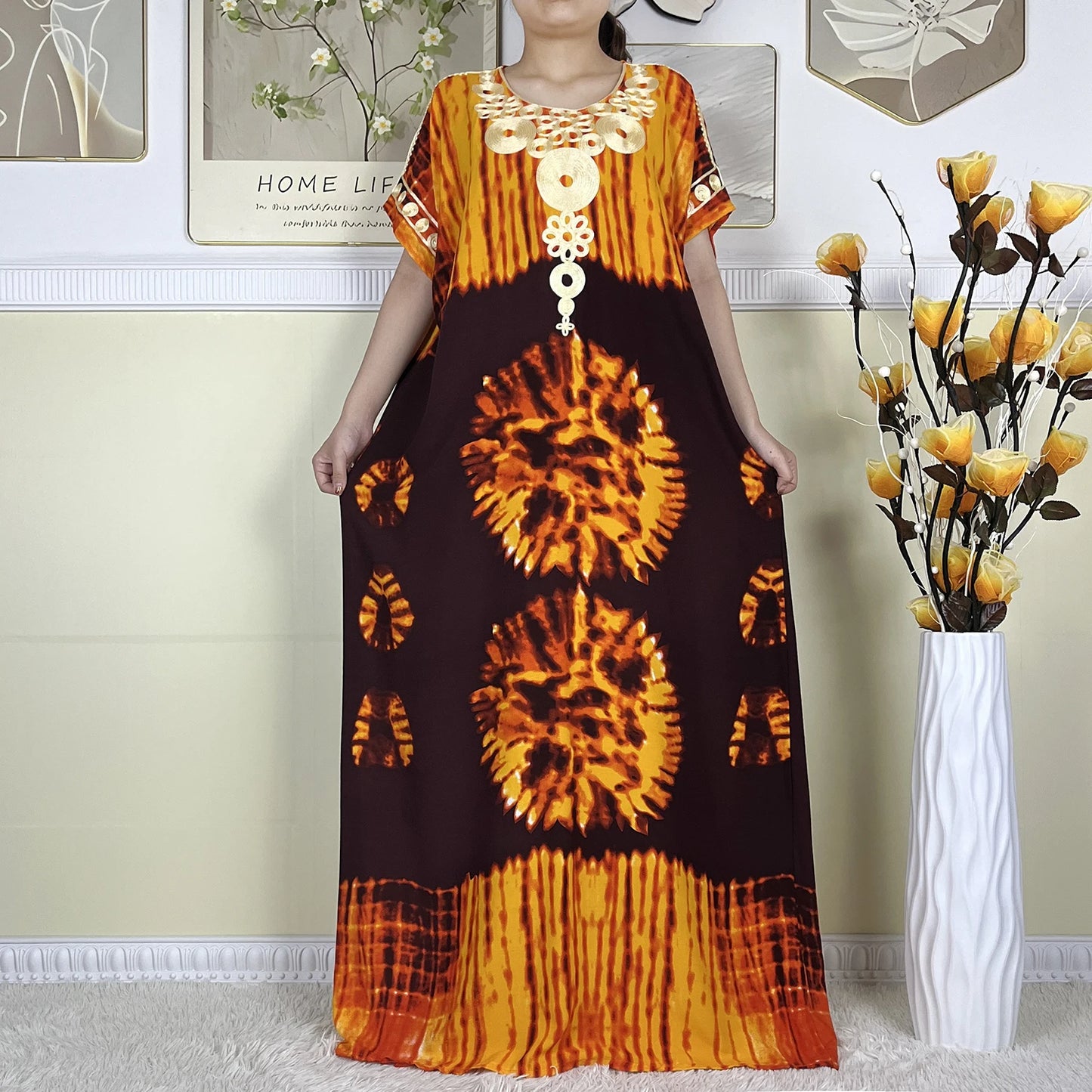 Elegant African Abaya Maxi Dress - Pure Cotton, Loose Fit, Short Sleeve