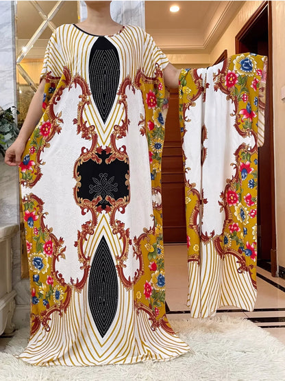 Elegant Tie-Dye Abaya African Floral Cotton Maxi Dress - B&R African Styles