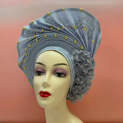Head Wrap African Aso Oke Gele Headtie Auto Gele With Beads For Wedding Party - B&R African Styles