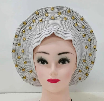 Head Wrap African Aso Oke Gele Headtie Auto Gele With Beads For Wedding Party - B&R African Styles