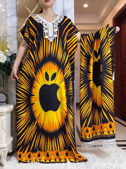 African Dashiki Tie-Dye Dress with Scarf - Floral Cotton Kaftan - B&R African Styles