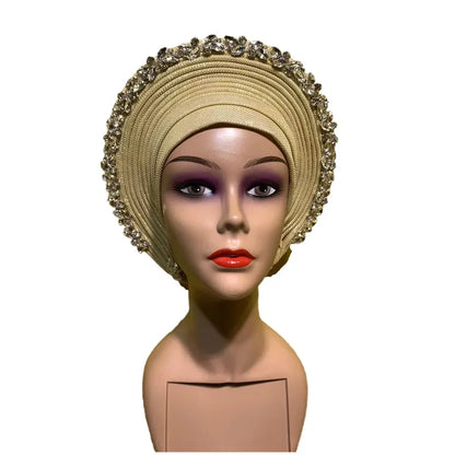 Blue African Hijab Caps with Diamonds Aso Oke Gele Headtie - B&R African Styles