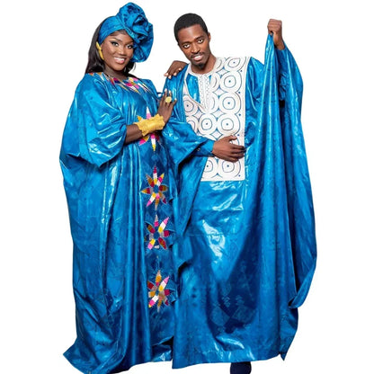 Traditional Bazin Embroidery African Couple Outfits - B&R African Styles