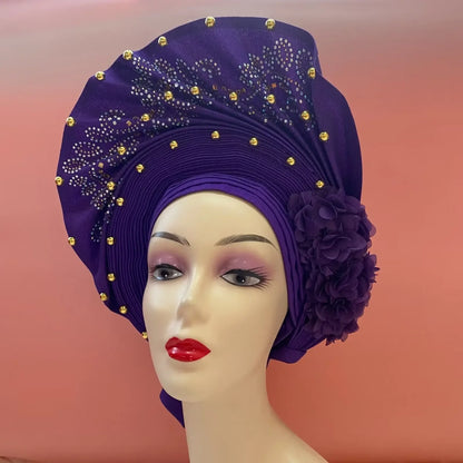 Head Wrap African Aso Oke Gele Headtie Auto Gele With Beads For Wedding Party - B&R African Styles
