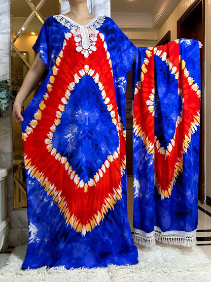 2024 African Floral Dashiki Cotton Maxi Dress - Elegant Tie-Dye Abaya - B&R African Styles