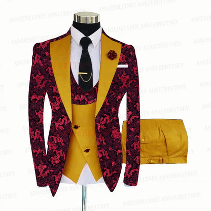 Red Floral Print Men's Suit 3 Pieces Slim fit Suit Jacket For Wedding, Special Events - B&R African Styles