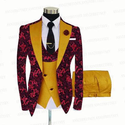 Red Floral Print Men's Suit 3 Pieces Slim fit Suit Jacket For Wedding, Special Events - B&R African Styles