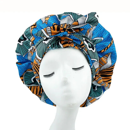 African Print Satin Bonnet with Long Ribbon Wrap Double Layer Headwrap Ankara Pattern Women Hair Cover Hair Wrap Cap - B&R African Styles