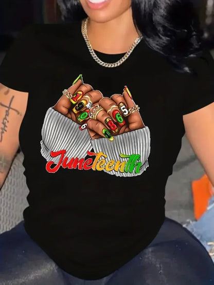 Juneteenth Printed Round Neck Casual T-shirt: Harajuku Style for Women's Freedom Festival - B&R African Styles