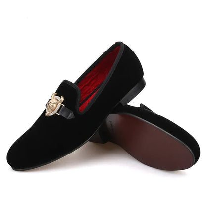 Piergitar Handmade Velvet Men's Smoking Slippers: Cow Buckle, Fashionable Slip-On Loafers for Prom and Banquets - B&R African Styles