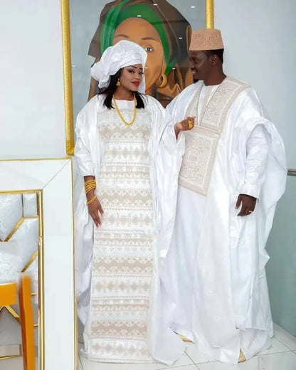 Traditional Bazin Embroidery Dress with Headwrap, and 3Pcs Men's Outfit. - B&R African Styles
