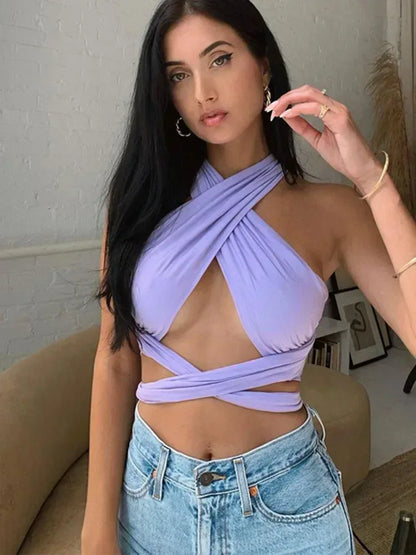 Women Strappy Cross Over Front Cut Out Halter Neck Sleeveless Backless Wrap Crop Top Bandage Vest Summer Sexy Tops Woman Clothes - B&R African Styles