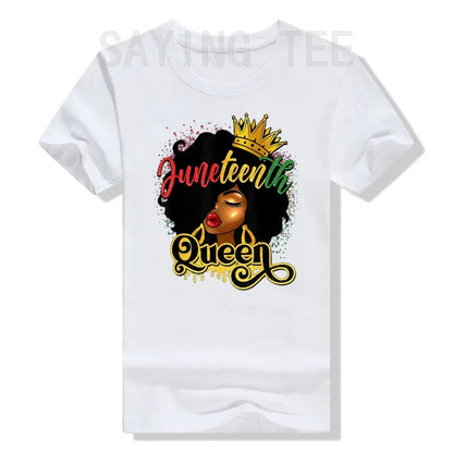 Juneteenth Queen: Afro Natural Hair Graphic Tee Celebrating Black Girl Magic & Family Unity - B&R African Styles