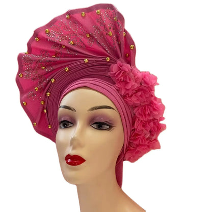 Head Wrap African Aso Oke Gele Headtie Auto Gele With Beads For Wedding Party - B&R African Styles