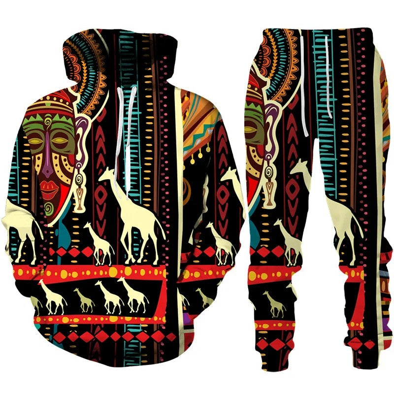 Hoodie and jogger set with colorful tribal design and giraffe illustrations on a white background