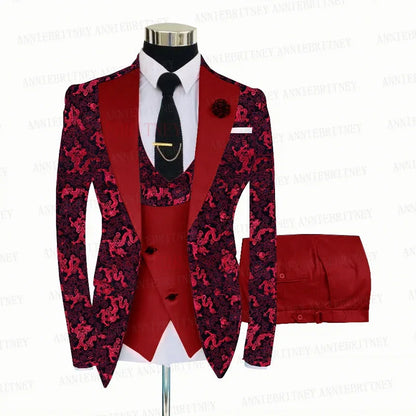 Red Floral Print Men's Suit 3 Pieces Slim fit Suit Jacket For Wedding, Special Events - B&R African Styles