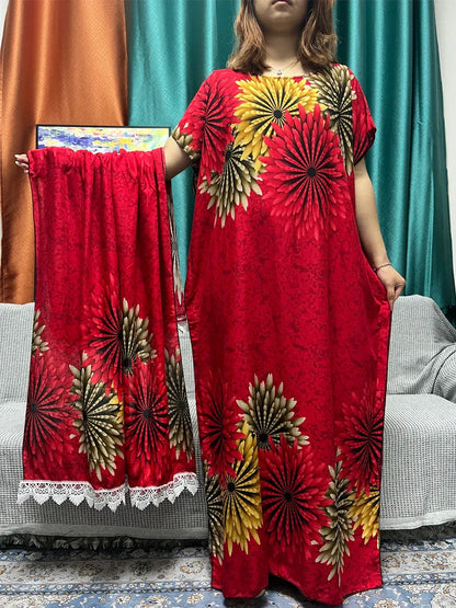 Floral Cotton Abaya for Women with Short Sleeves and Matching Scarf - B&R African Styles
