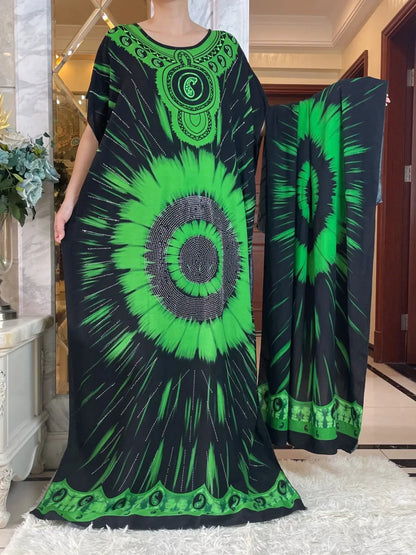 Elegant Tie-Dye Abaya African Floral Cotton Maxi Dress - B&R African Styles