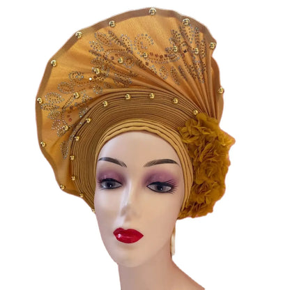 Head Wrap African Aso Oke Gele Headtie Auto Gele With Beads For Wedding Party - B&R African Styles