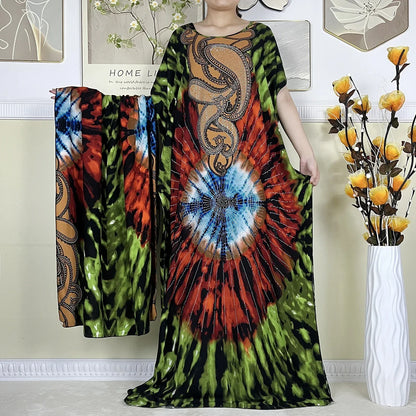 Women's African Dress with Diamonds & Matching Scarf – Cotton Short Sleeve Kaftan - B&R African Styles