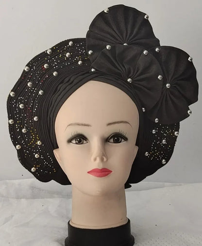 Head Wrap African Aso Oke Gele Headtie Auto Gele With Beads For Wedding Party - B&R African Styles