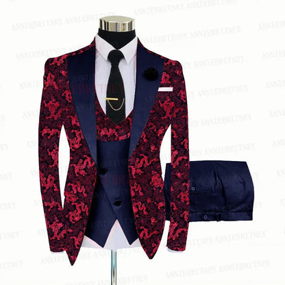 Red Floral Print Men's Suit 3 Pieces Slim fit Suit Jacket For Wedding, Special Events - B&R African Styles