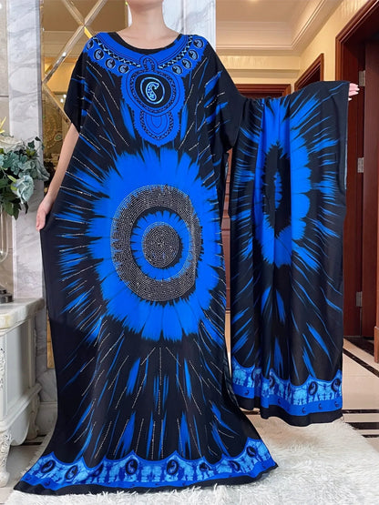 Elegant Tie-Dye Abaya African Floral Cotton Maxi Dress - B&R African Styles
