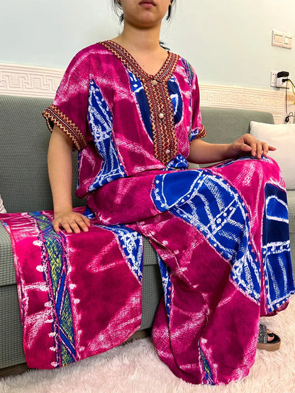 Printed Cotton V-Neck Abayas with Appliques & Pockets - Loose Fit Dress & Headscarf for Women - B&R African Styles