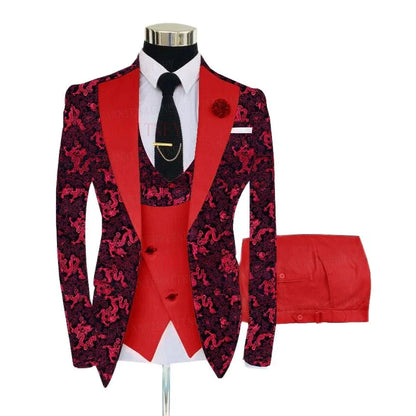 Red Floral Print Men's Suit 3 Pieces Slim fit Suit Jacket For Wedding, Special Events - B&R African Styles