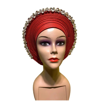 Blue African Hijab Caps with Diamonds Aso Oke Gele Headtie - B&R African Styles