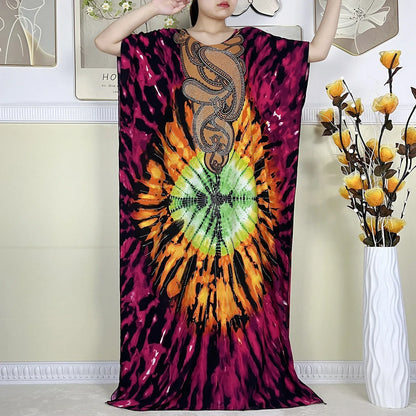 Women's African Dress with Diamonds & Matching Scarf – Cotton Short Sleeve Kaftan - B&R African Styles