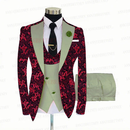 Red Floral Print Men's Suit 3 Pieces Slim fit Suit Jacket For Wedding, Special Events - B&R African Styles