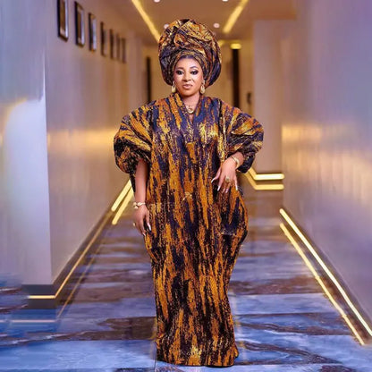 African Mother Gold Jacquard Fabric Loose Dress - B&R African Styles