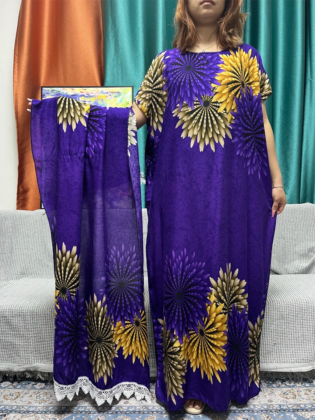 Floral Cotton Abaya for Women with Short Sleeves and Matching Scarf