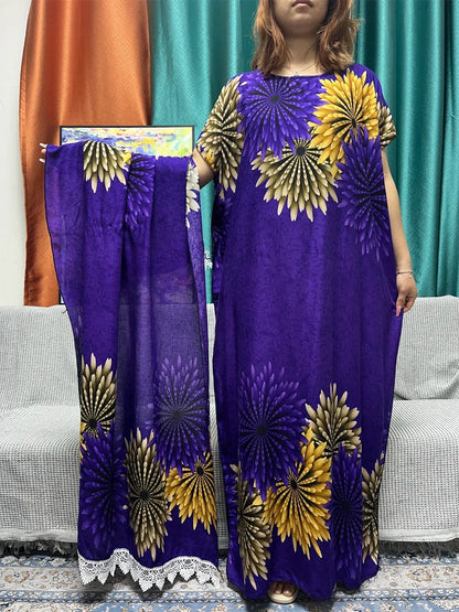 Floral Cotton Abaya for Women with Short Sleeves and Matching Scarf - B&R African Styles