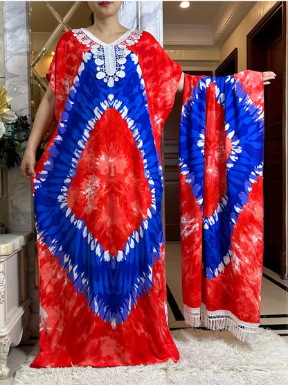 2024 African Floral Dashiki Cotton Maxi Dress - Elegant Tie-Dye Abaya - B&R African Styles