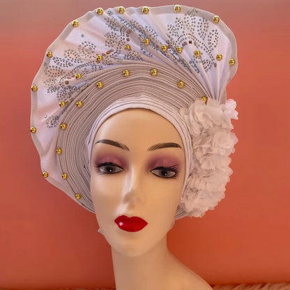 Head Wrap African Aso Oke Gele Headtie Auto Gele With Beads For Wedding Party - B&R African Styles