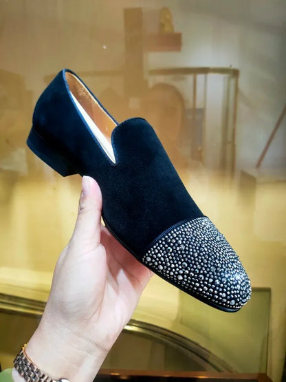 Experience Luxe Comfort: Black Suede Men's Loafers Adorned with Grey Rhinestones - Premium Slip-On Smoking Slippers for Men - B&R African Styles